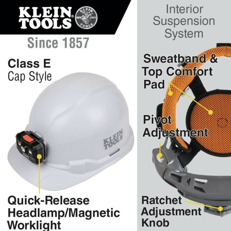 Safety Equipment Klein Tools Hard Hats | Klein Tools 60107Rl Non-Vented Cap Style Hard Hat With Rechargeable Headlamp - White