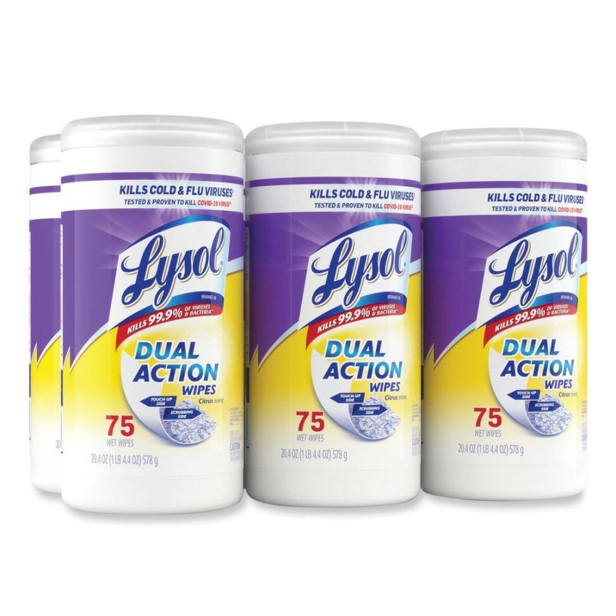 Facility Maintenance & Supplies LYSOL Brand Hand Wipes | Lysol Brand 19200-81700 7 In. X 7.5 In. 1-Ply Dual Action Disinfecting Wipes - Citrus, White/Purple (6 Canisters/Carton)