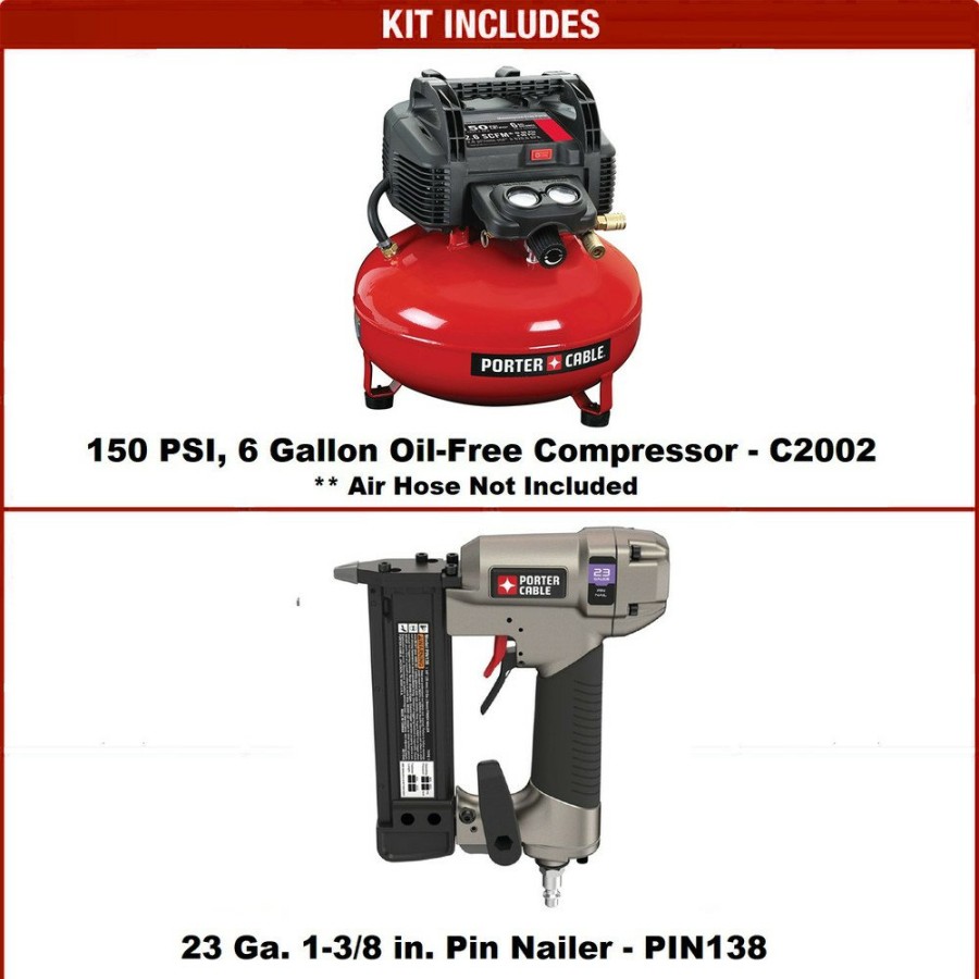 Air Tools And Equipment Porter-Cable Compressor Combo Kits | Porter-Cable C2002-Pin138 0.8 Hp 6 Gallon Oil-Free Pancake Air Compressor And 23 Gauge 1-3/8 In. Pin Nailer Kit Bundle