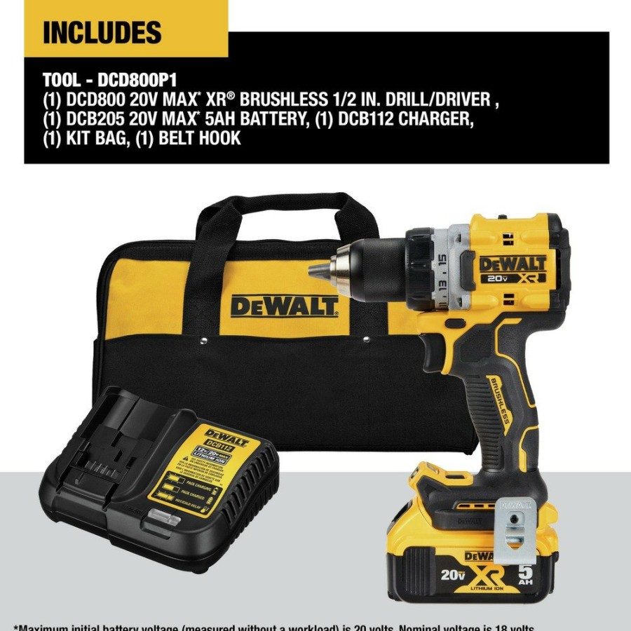 Power Tools Dewalt Drill Drivers | Dewalt Dcd800P1 20V Max Xr Brushless Lithium-Ion 1/2 In. Cordless Drill Driver Kit (5 Ah)