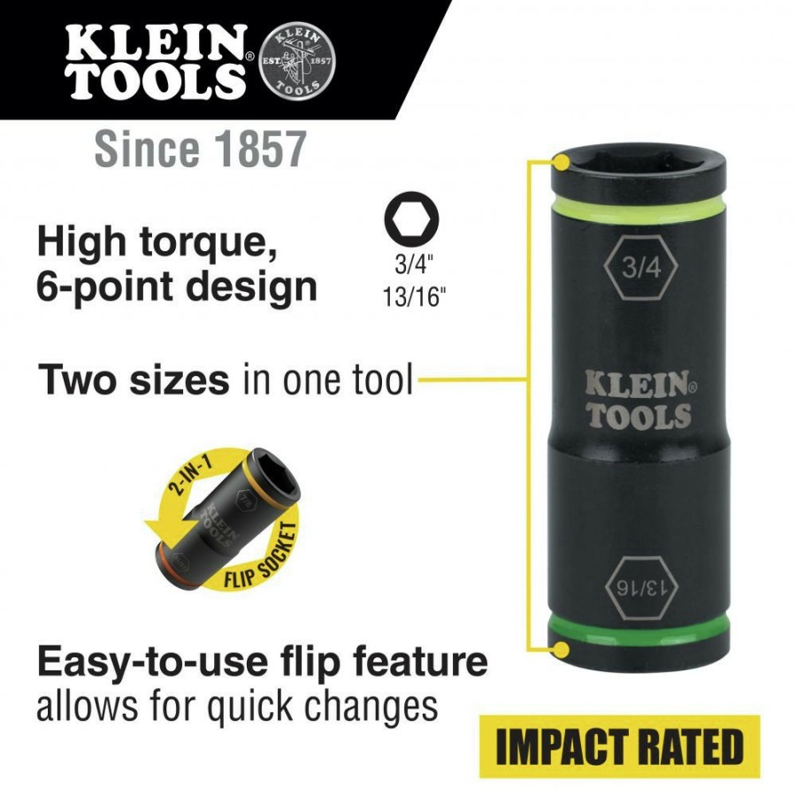 Hand Tools Klein Tools Impact Sockets | Klein Tools 66074 3/4 In. X 13/16 In. Flip Impact Socket