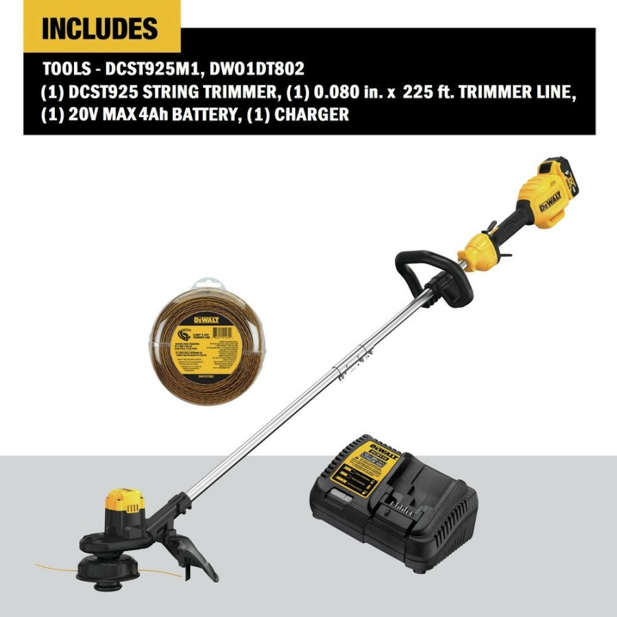 Outdoor Power Tools & Equipment Dewalt String Trimmers | Dewalt Dcst925M1-Dwo1Dt802 20V Max Lithium-Ion 13 In. Cordless String Trimmer And 0.080 In. X 225 Ft. String Trimmer Line Bundle (4 Ah)