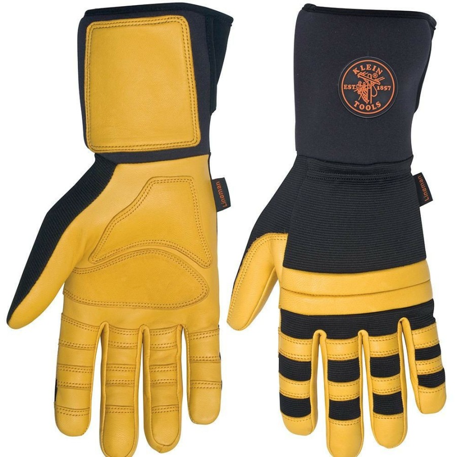 Safety Equipment Klein Tools | Klein Tools 40084 Soft Grain Leather Lineman Work Gloves With Padded Knuckles - Black/ Yellow, X-Large